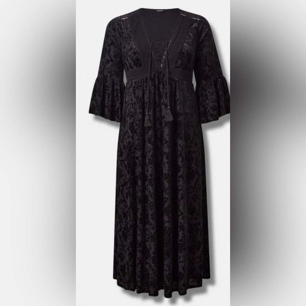 Maxi Burnout Velvet Lace Up Bell Sleeve Dress